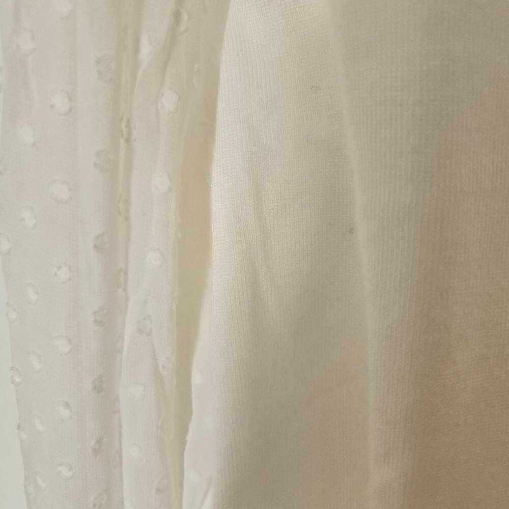 Adrianna Pappell cardigan, white sheer w/ pleated, polka dotted V-neck sleeves. - Picture 7 of 8